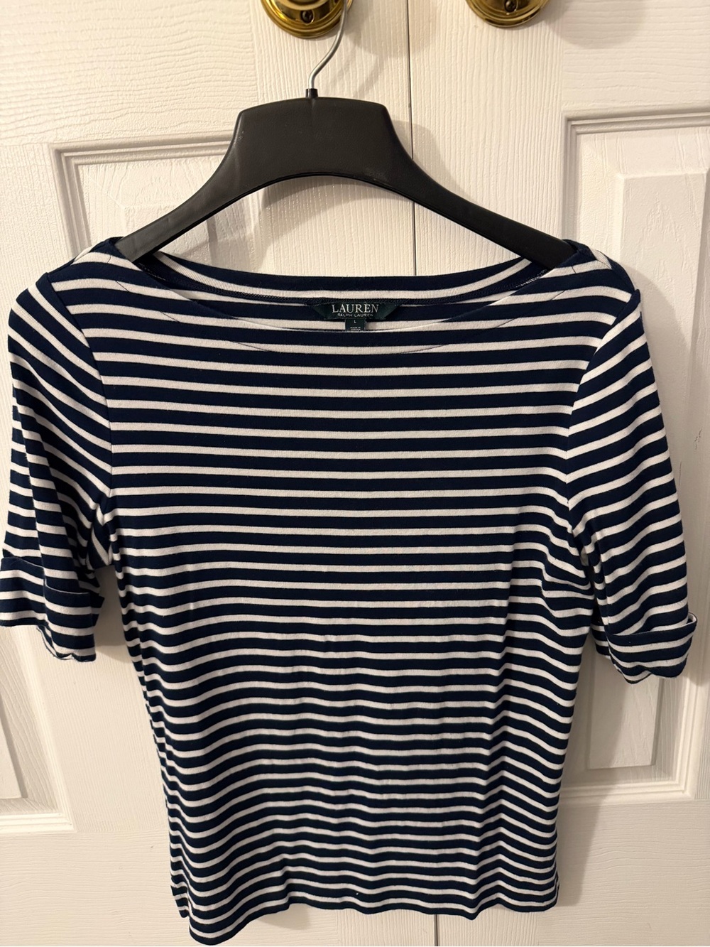 Ralph Lauren Navy and White Striped Short Sleeve Boatneck Tee